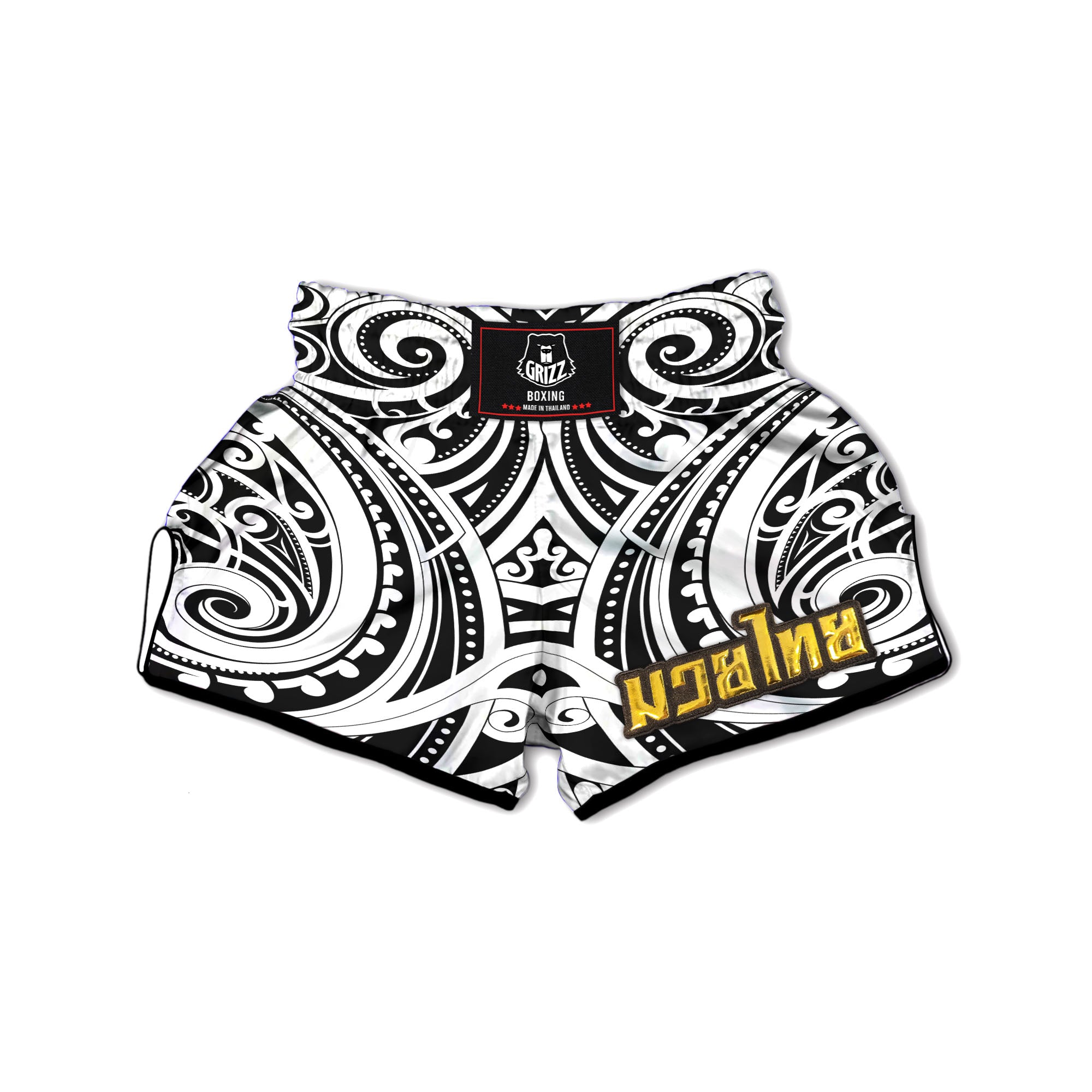 Maori Tattoo White And Black Print Muay Thai Boxing Shorts-grizzshop