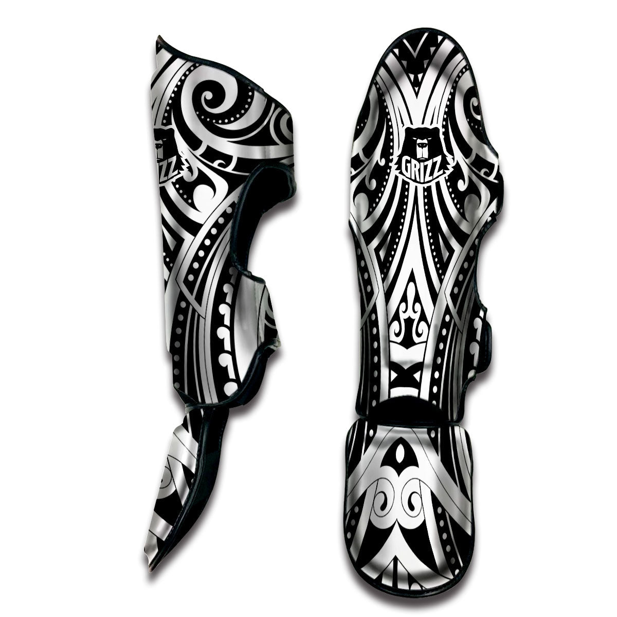 Maori Tattoo White And Black Print Muay Thai Shin Guards-grizzshop