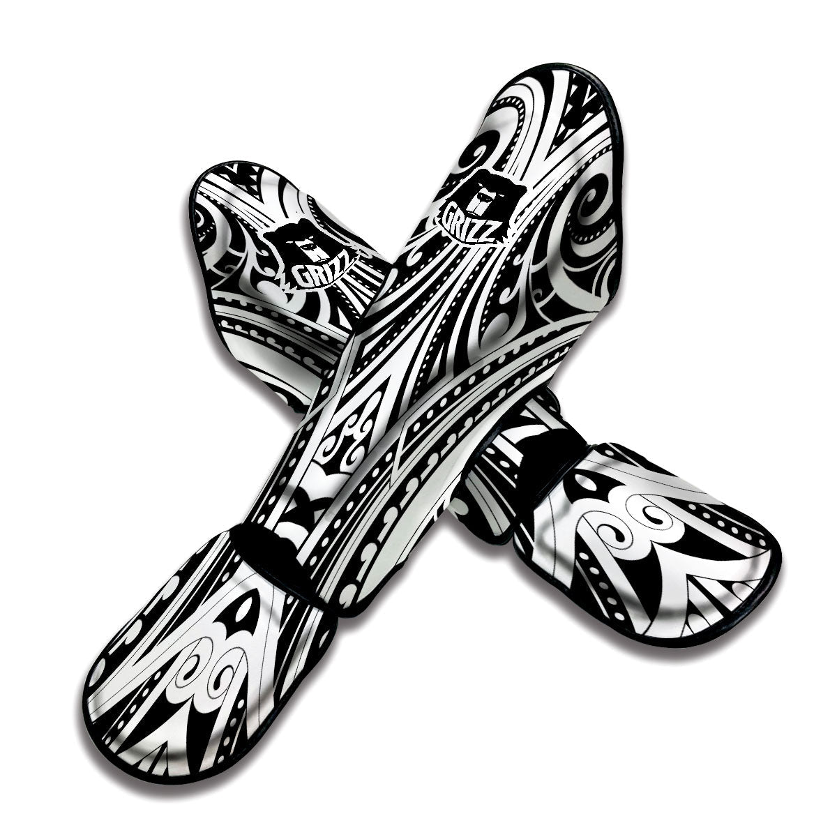Maori Tattoo White And Black Print Muay Thai Shin Guards-grizzshop