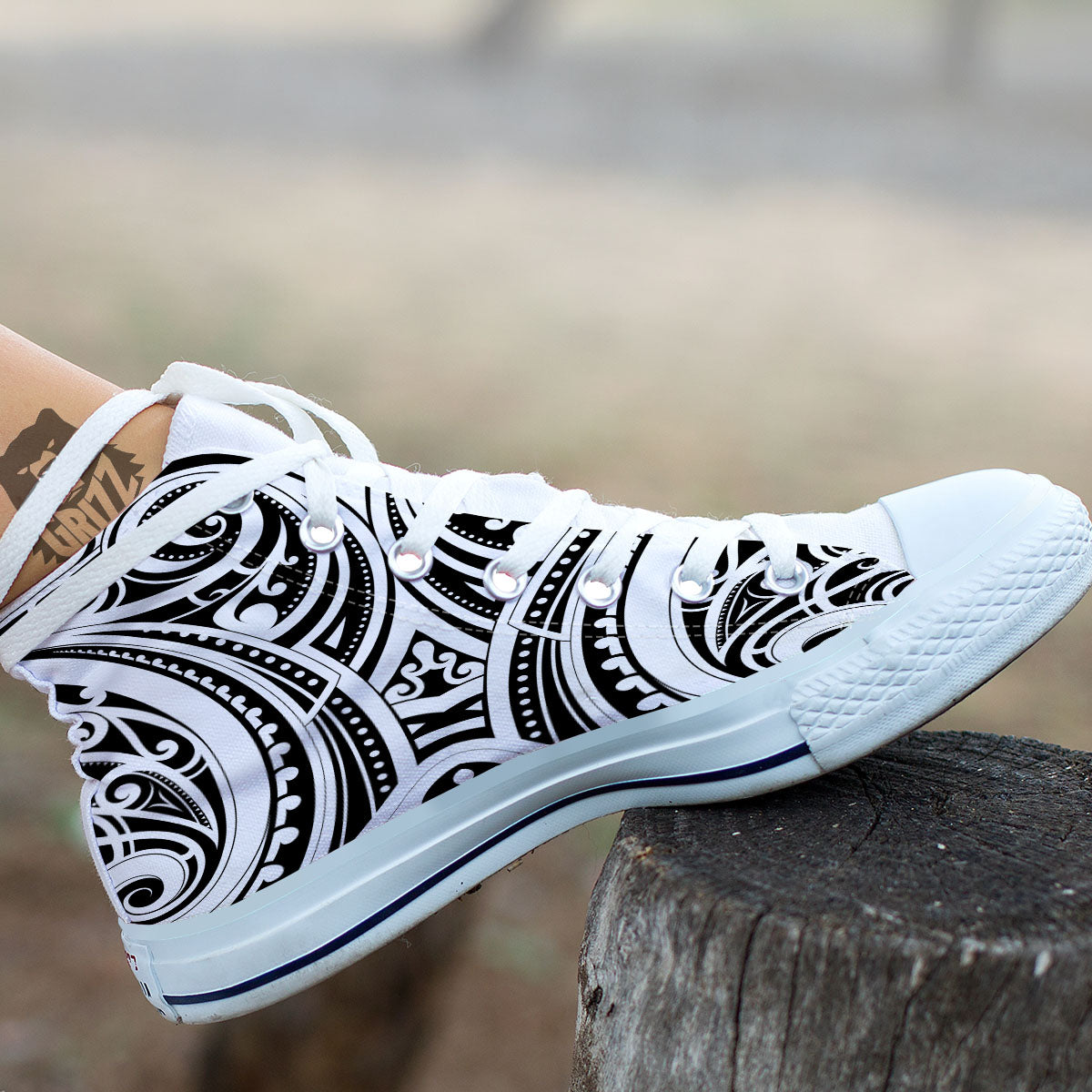 Maori Tattoo White And Black Print White High Top Shoes-grizzshop