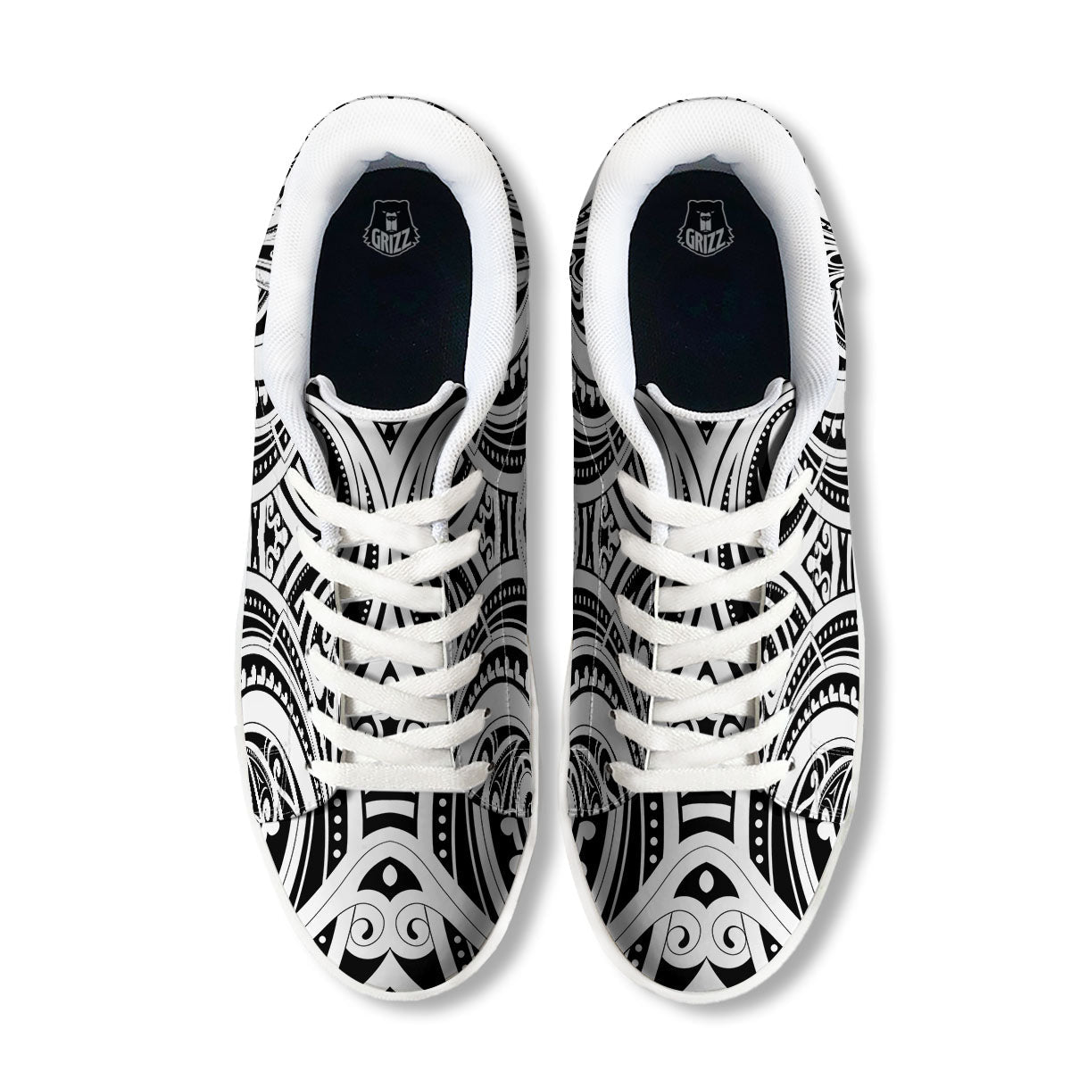 Maori Tattoo White And Black Print White Low Top Sneakers-grizzshop