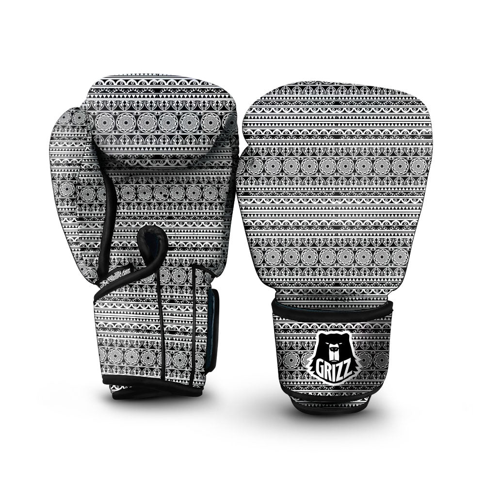 Maori Tribal White And Black Print Boxing Gloves-grizzshop