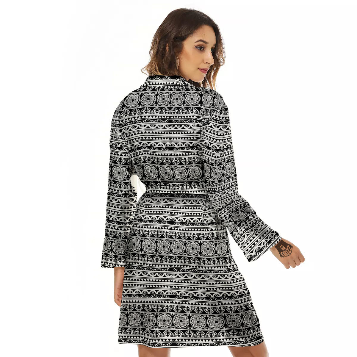 Maori Tribal White And Black Print Women's Robe-grizzshop
