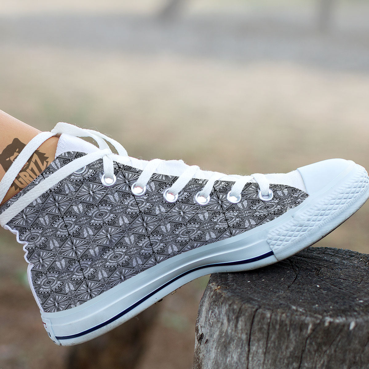 Maori White And Black Print Pattern White High Top Shoes-grizzshop