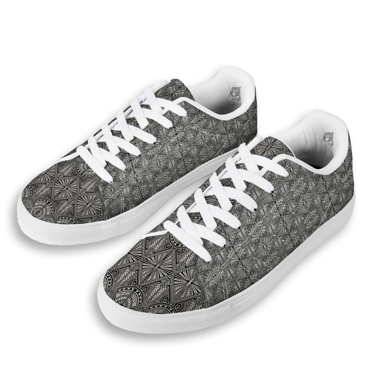 Maori White And Black Print Pattern White Low Top Sneakers-grizzshop
