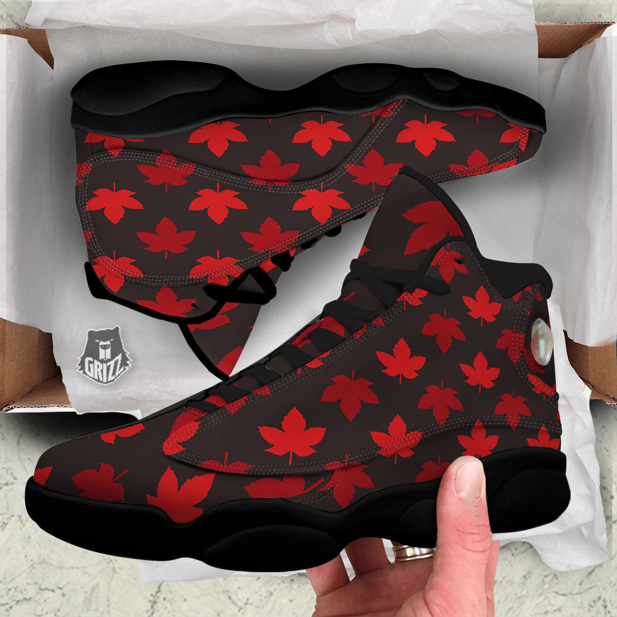 Maple Leaf Red Canadian Print Pattern Black Basketball Shoes-grizzshop