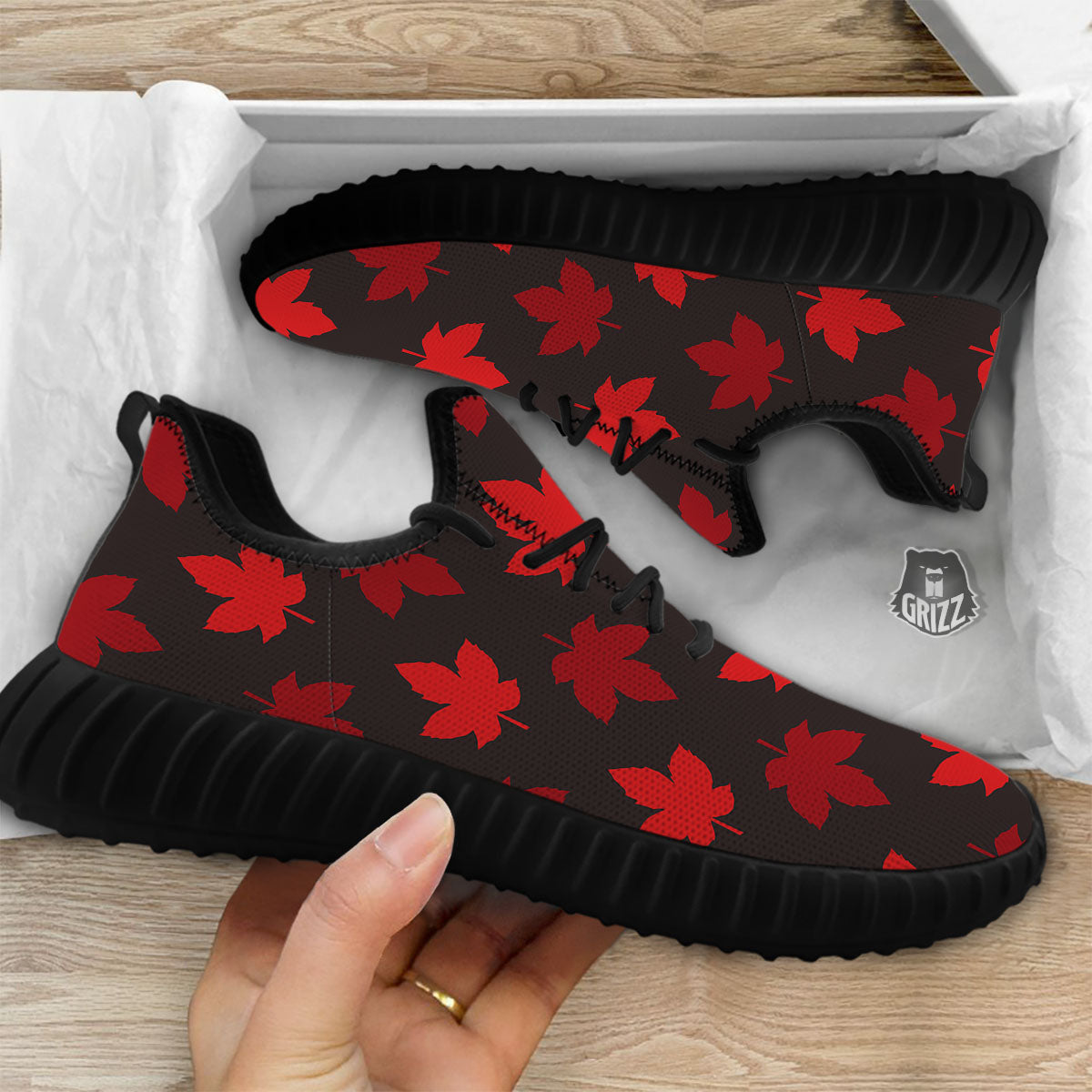 Maple Leaf Red Canadian Print Pattern Black Walking Shoes-grizzshop