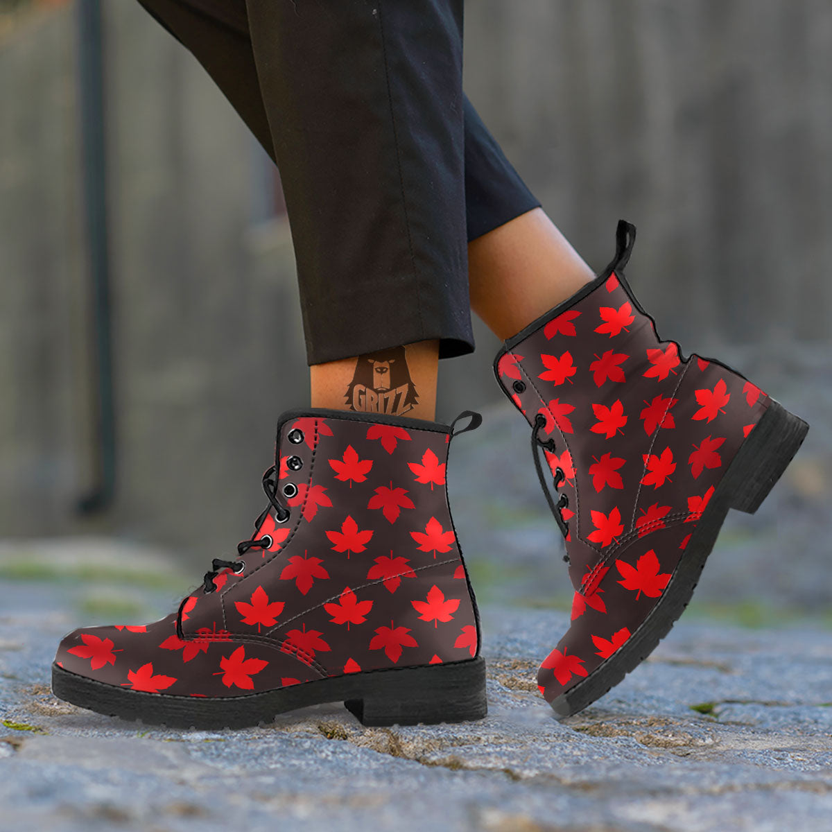 Maple Leaf Red Canadian Print Pattern Leather Boots-grizzshop