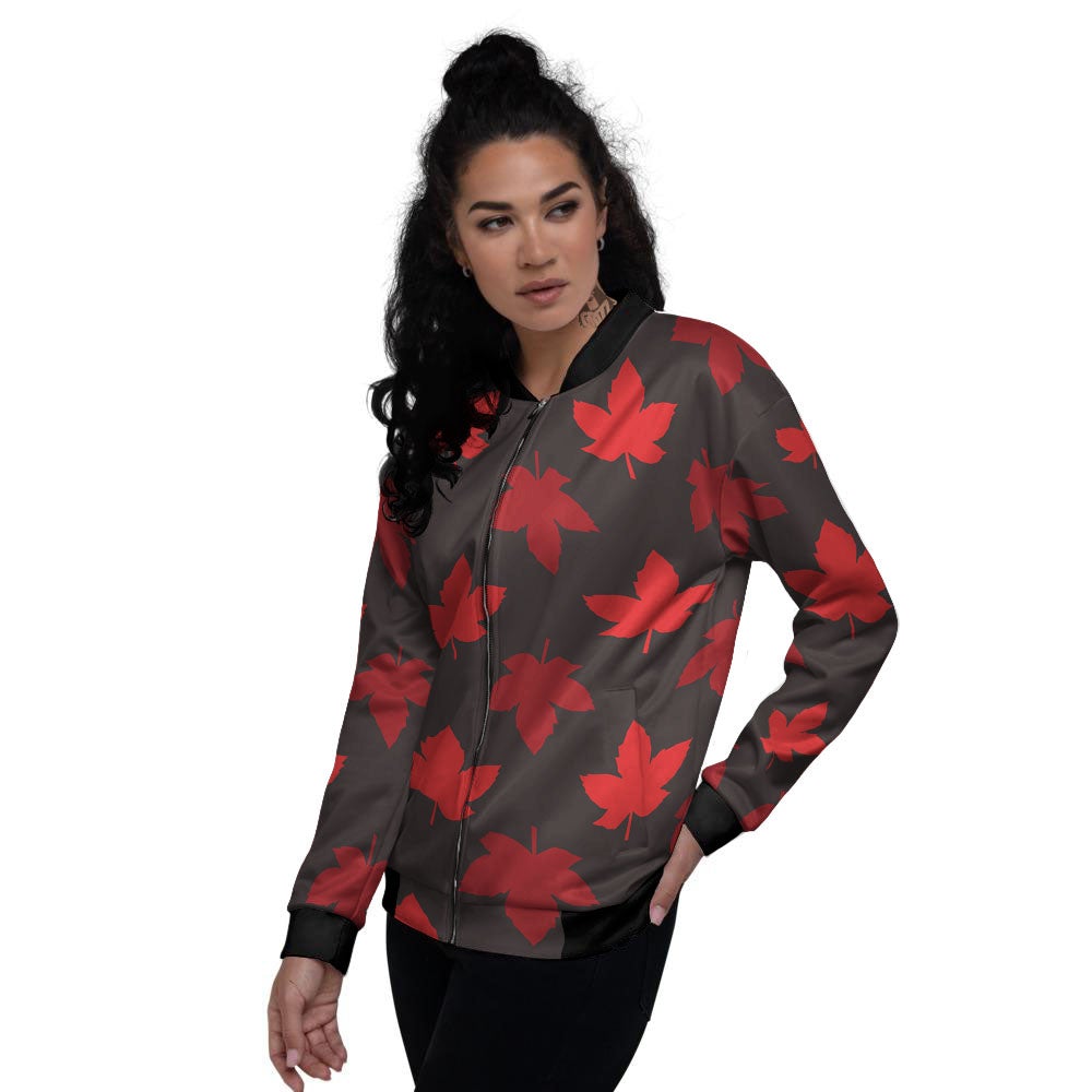 Maple Leaf Red Canadian Print Pattern Women's Bomber Jacket-grizzshop