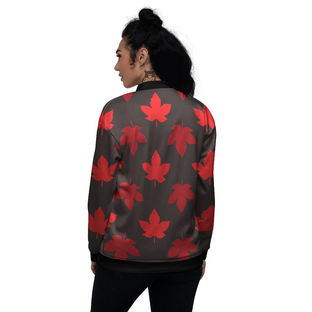Maple Leaf Red Canadian Print Pattern Women's Bomber Jacket-grizzshop