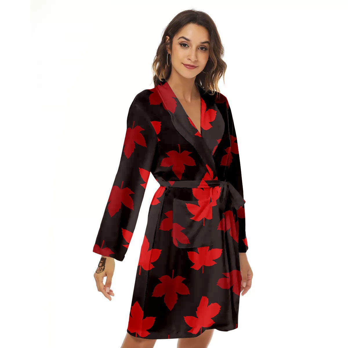 Maple Leaf Red Canadian Print Pattern Women's Robe-grizzshop