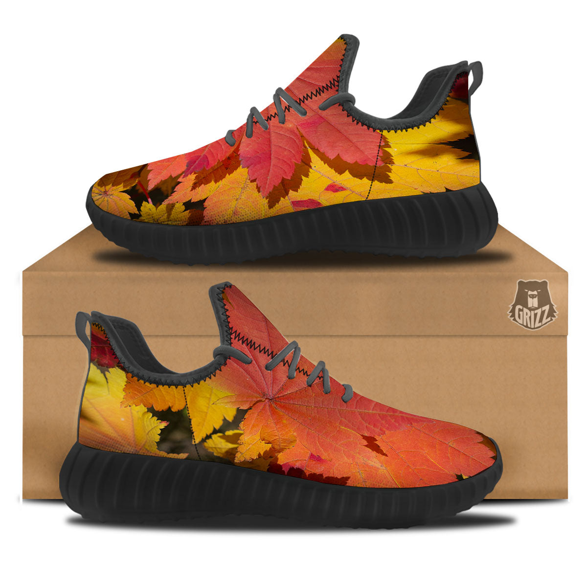 Maple Leaves Autumn Print Black Walking Shoes-grizzshop
