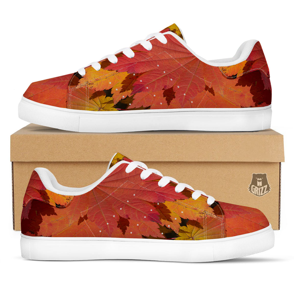 Maple Leaves Autumn Print White Low Top Sneakers-grizzshop