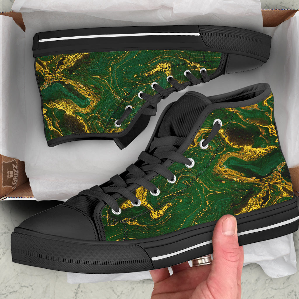 Marble Abstract texture Gold And Dark Green Print Black High Top Shoes-grizzshop