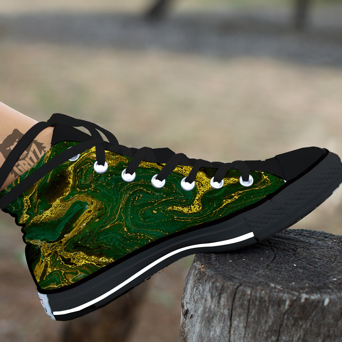Marble Abstract texture Gold And Dark Green Print Black High Top Shoes-grizzshop