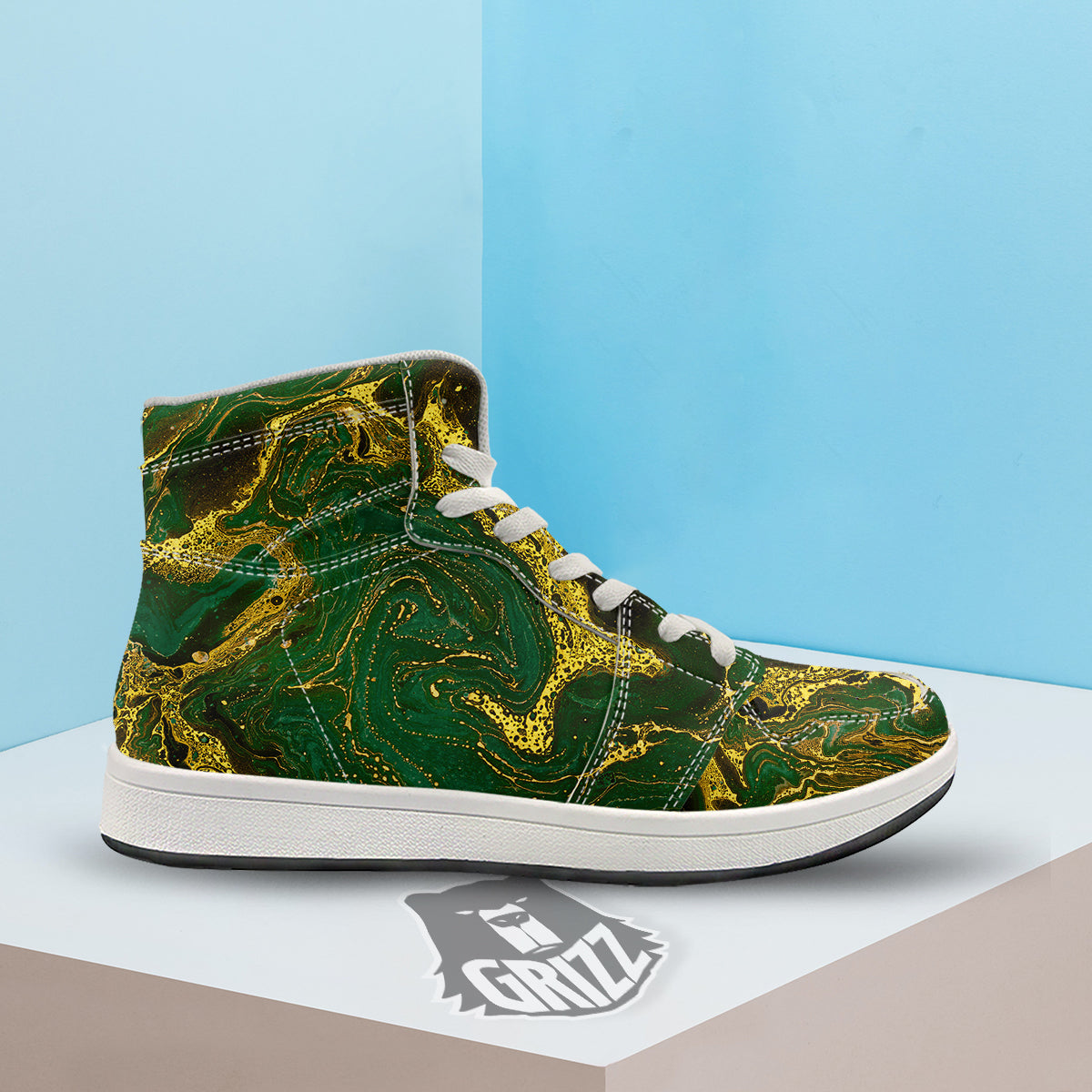 Marble Abstract texture Gold And Dark Green Print High Top Sneakers-grizzshop