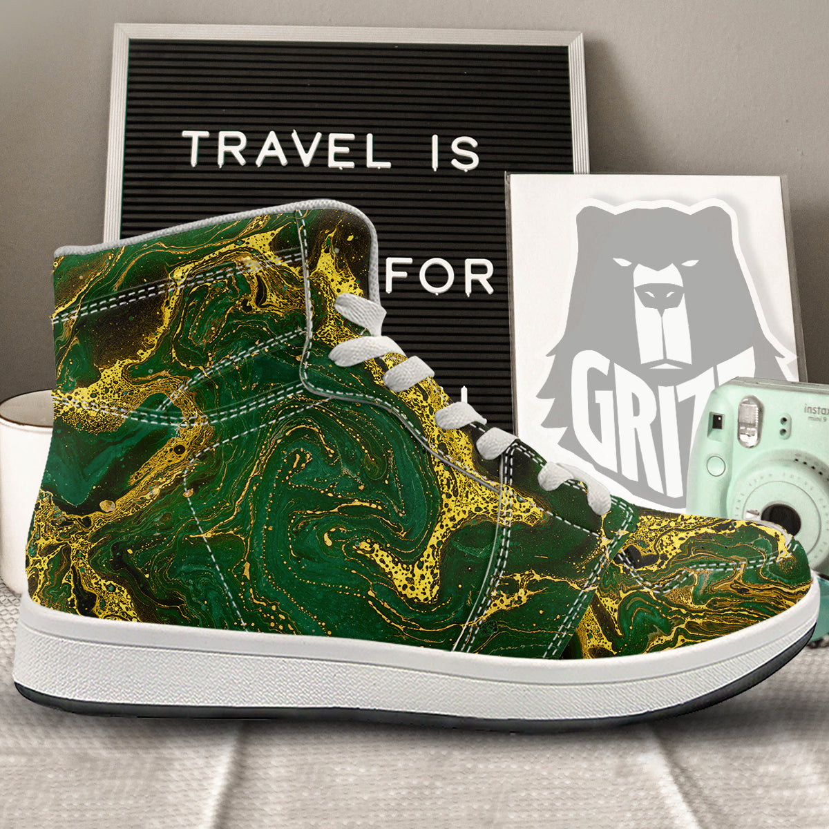 Marble Abstract texture Gold And Dark Green Print High Top Sneakers-grizzshop