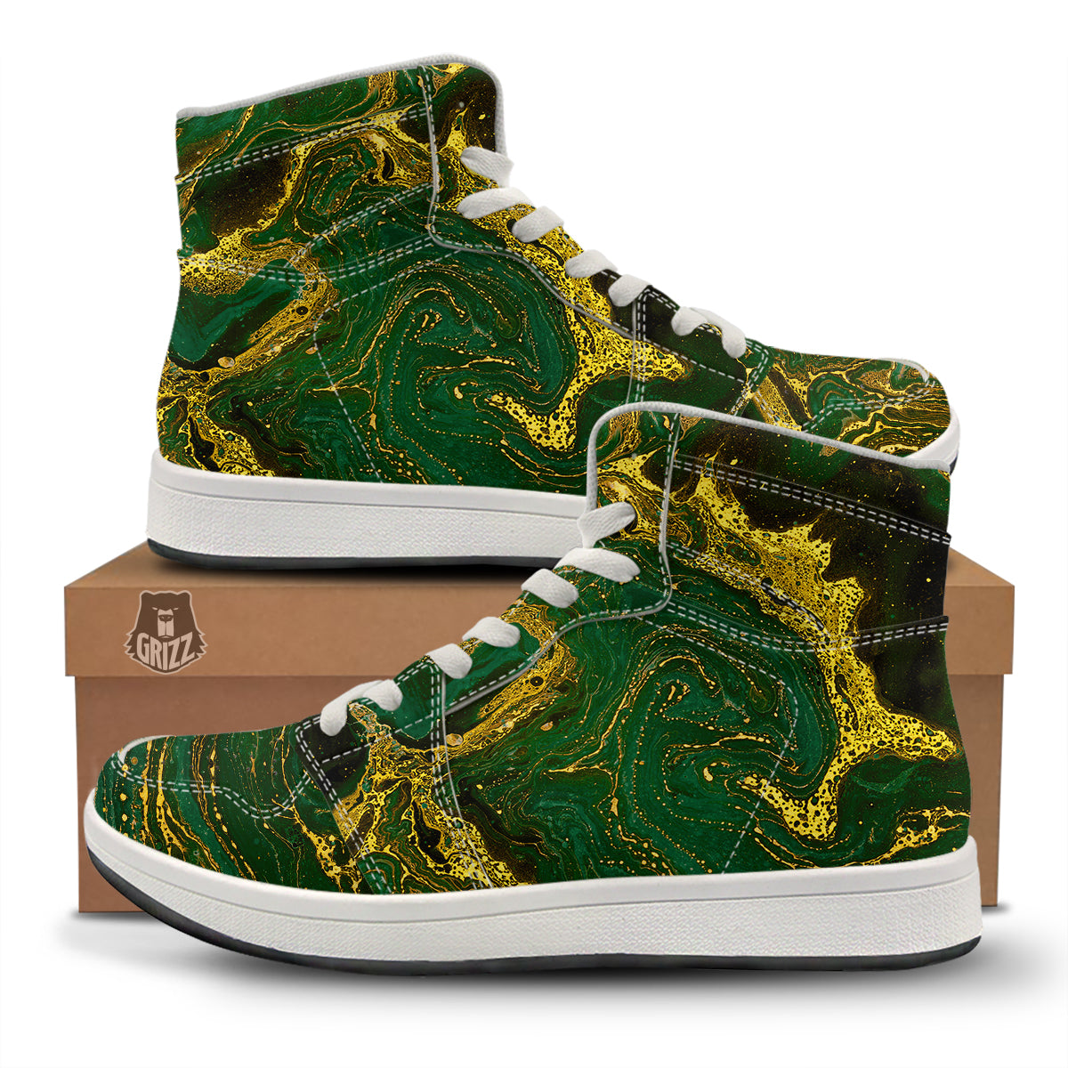 Marble Abstract texture Gold And Dark Green Print High Top Sneakers-grizzshop