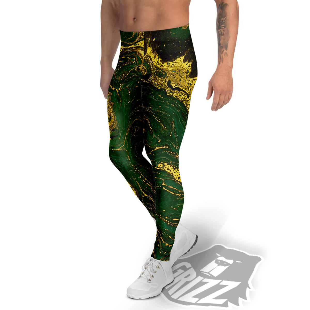 Marble Abstract texture Gold And Dark Green Print Men's Leggings-grizzshop