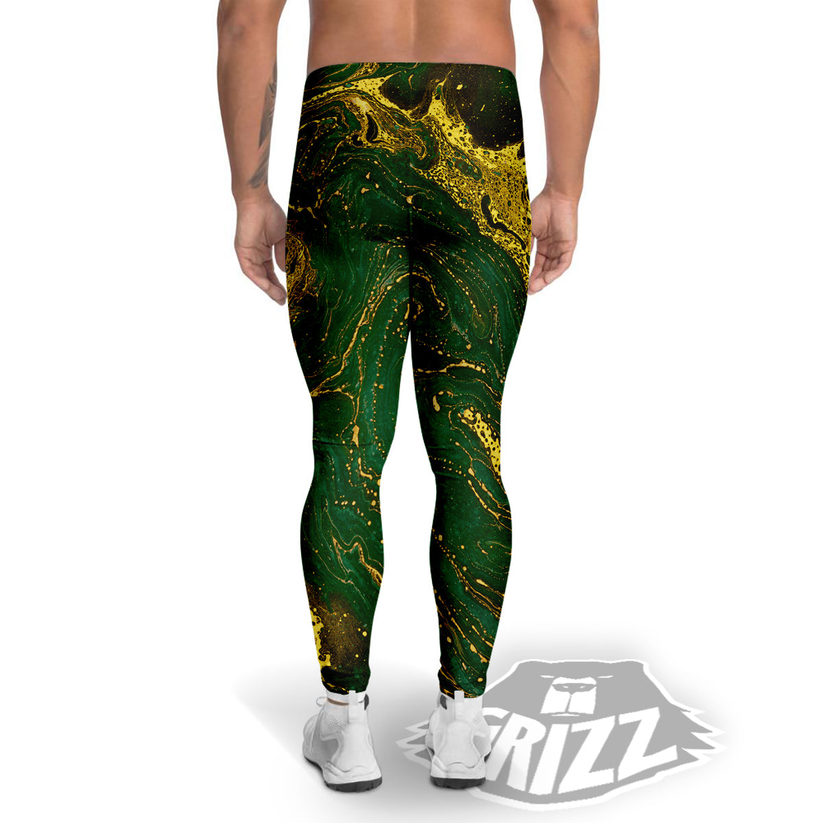 Marble Abstract texture Gold And Dark Green Print Men's Leggings-grizzshop