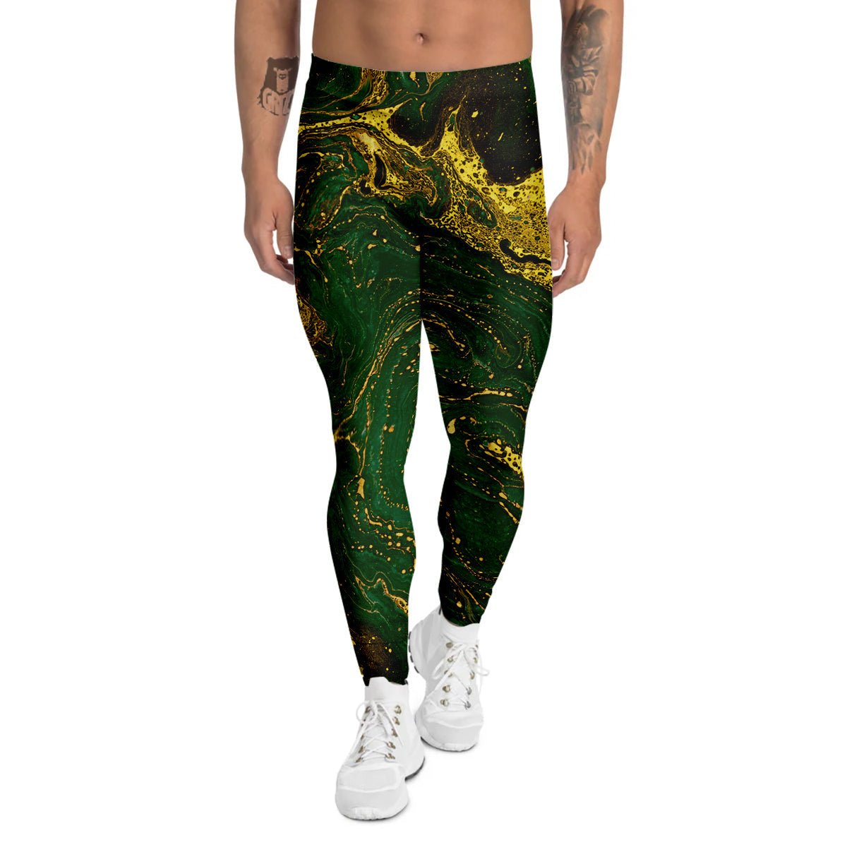 Marble Abstract texture Gold And Dark Green Print Men's Leggings-grizzshop