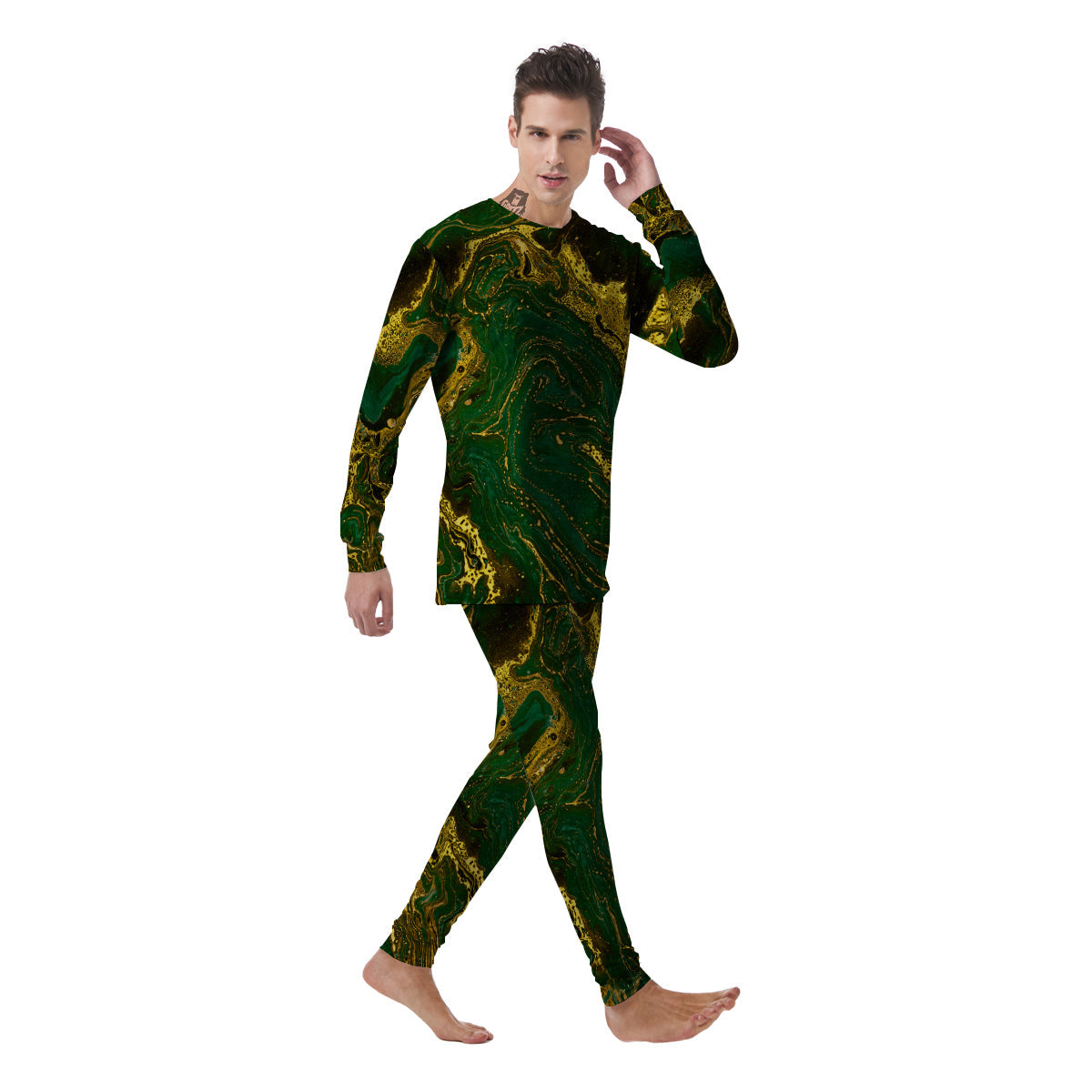 Marble Abstract texture Gold And Dark Green Print Men's Pajamas-grizzshop