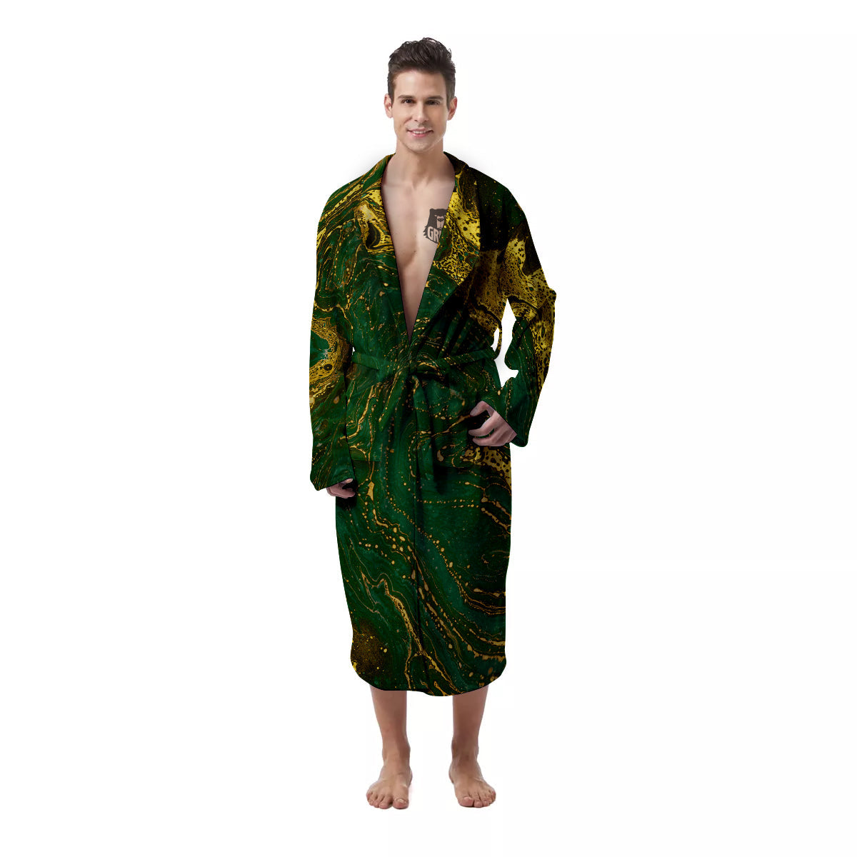 Marble Abstract texture Gold And Dark Green Print Men's Robe-grizzshop