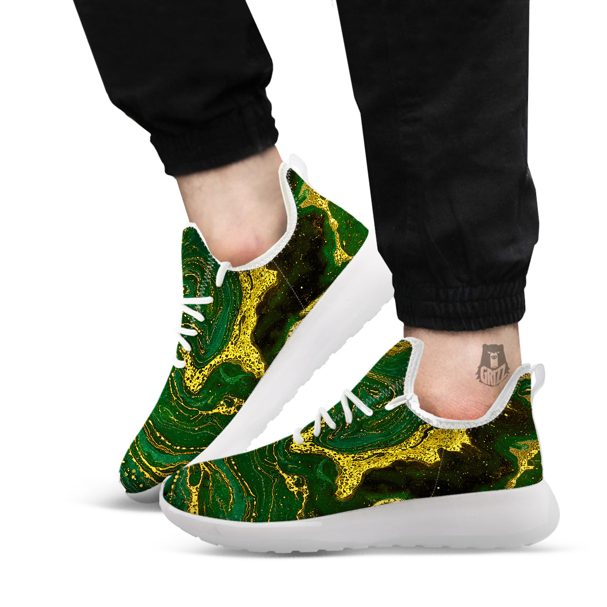 Marble Abstract texture Gold And Dark Green Print White Athletic Shoes-grizzshop