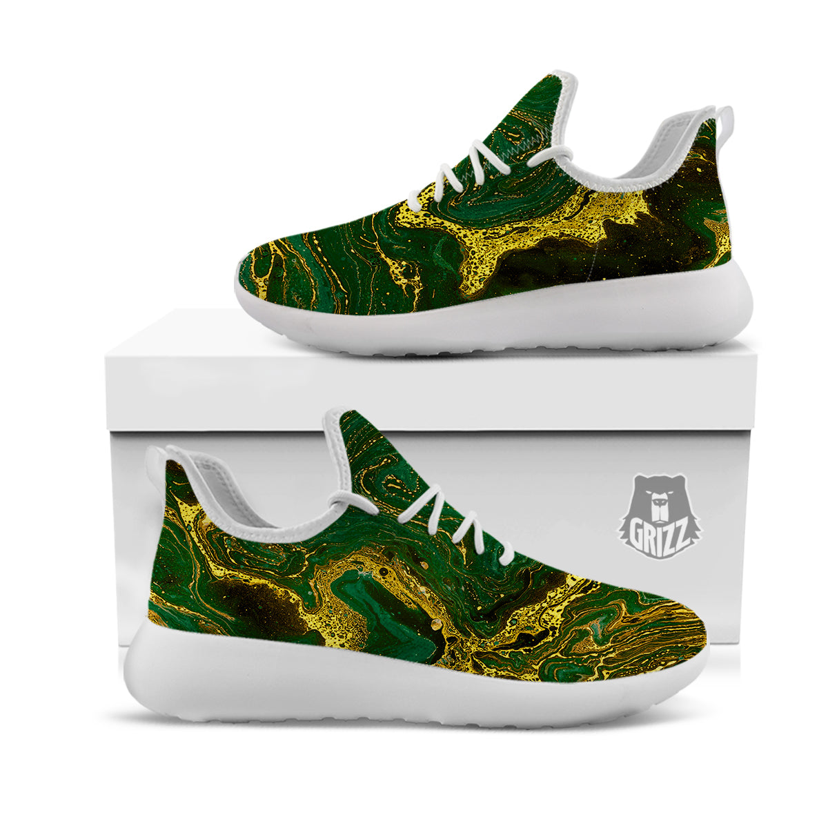 Marble Abstract texture Gold And Dark Green Print White Athletic Shoes-grizzshop