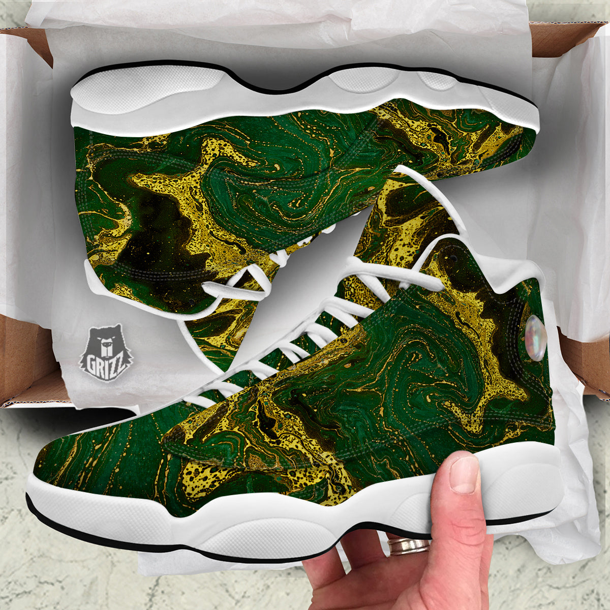 Marble Abstract texture Gold And Dark Green Print White Basketball Shoes-grizzshop