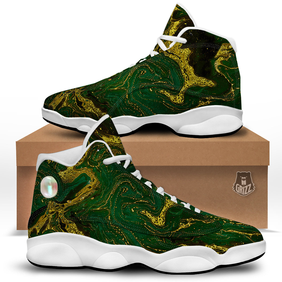 Marble Abstract texture Gold And Dark Green Print White Basketball Shoes-grizzshop