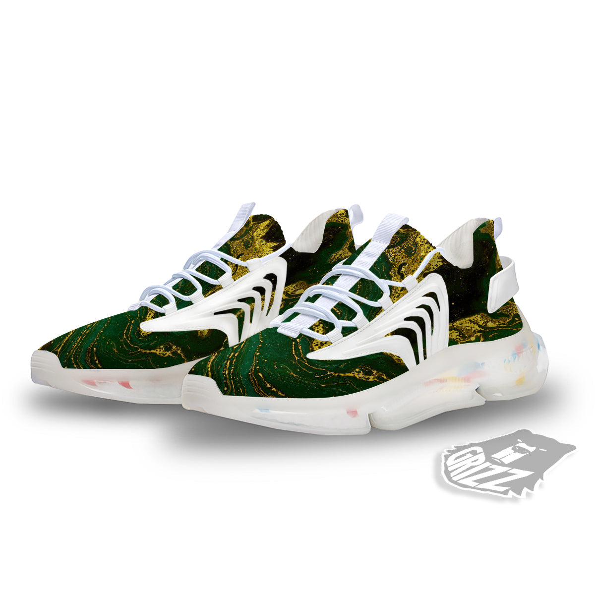 Marble Abstract texture Gold And Dark Green Print White Gym Shoes-grizzshop