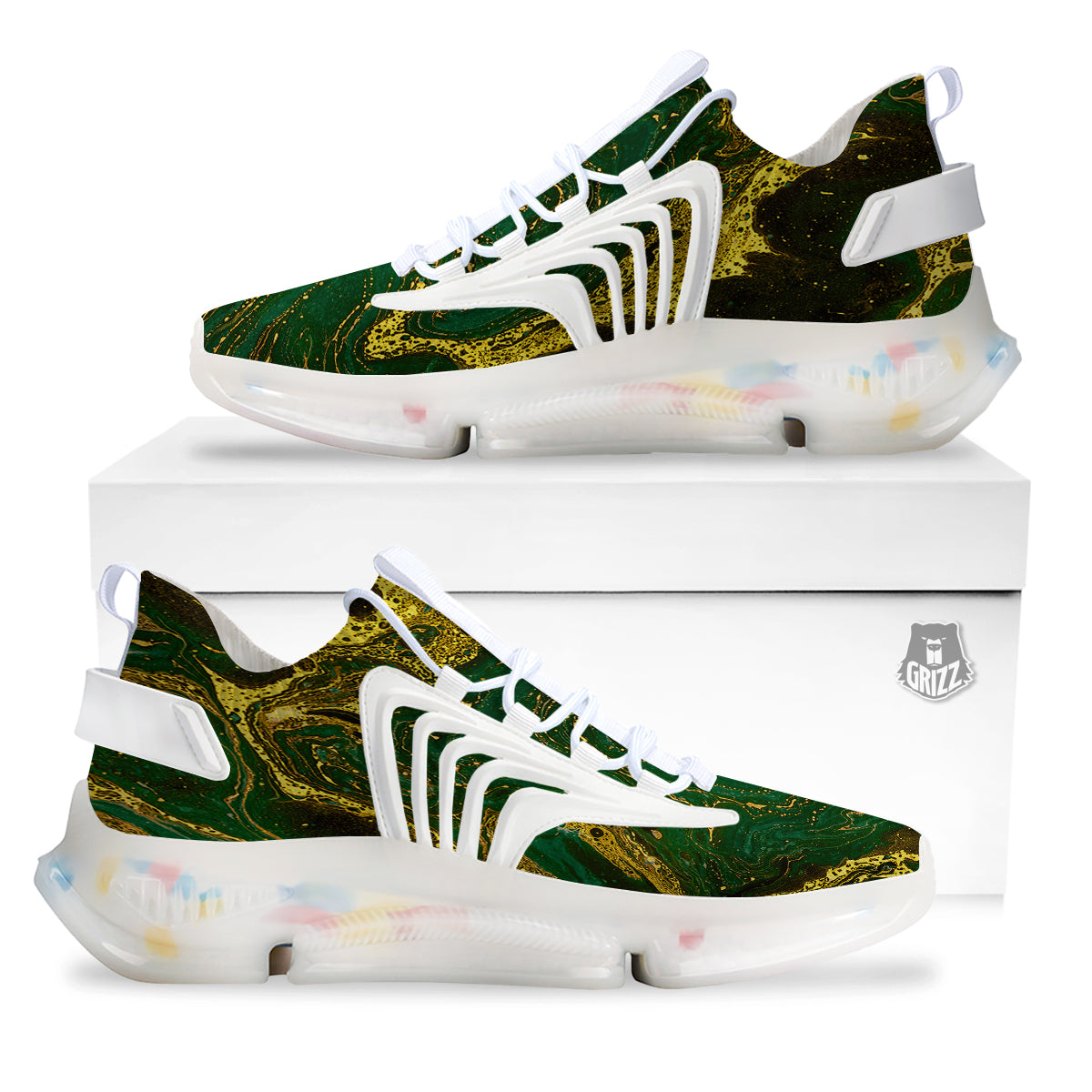Marble Abstract texture Gold And Dark Green Print White Gym Shoes-grizzshop