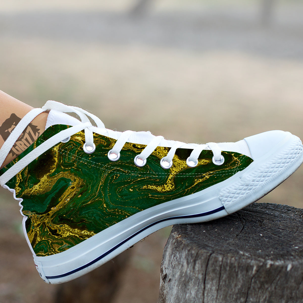 Marble Abstract texture Gold And Dark Green Print White High Top Shoes-grizzshop