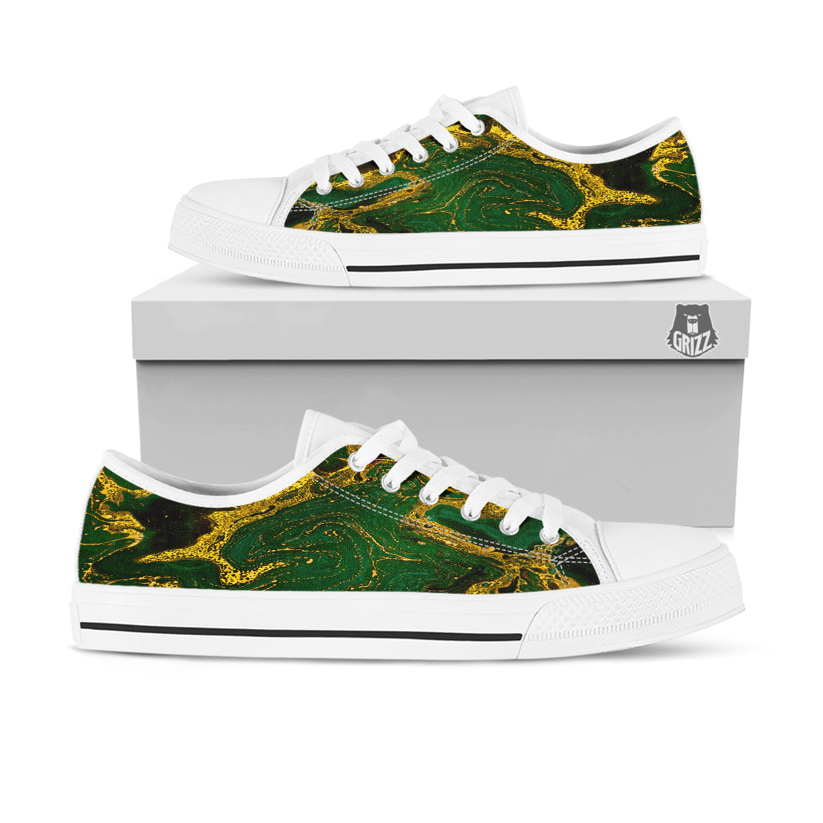 Marble Abstract texture Gold And Dark Green Print White Low Top Shoes-grizzshop