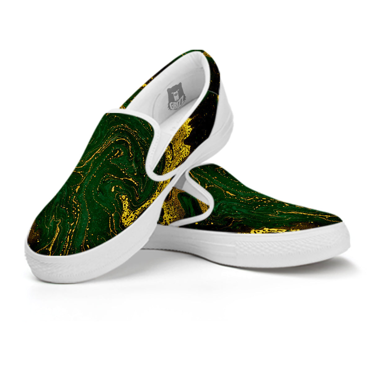 Marble Abstract texture Gold And Dark Green Print White Slip On Shoes-grizzshop