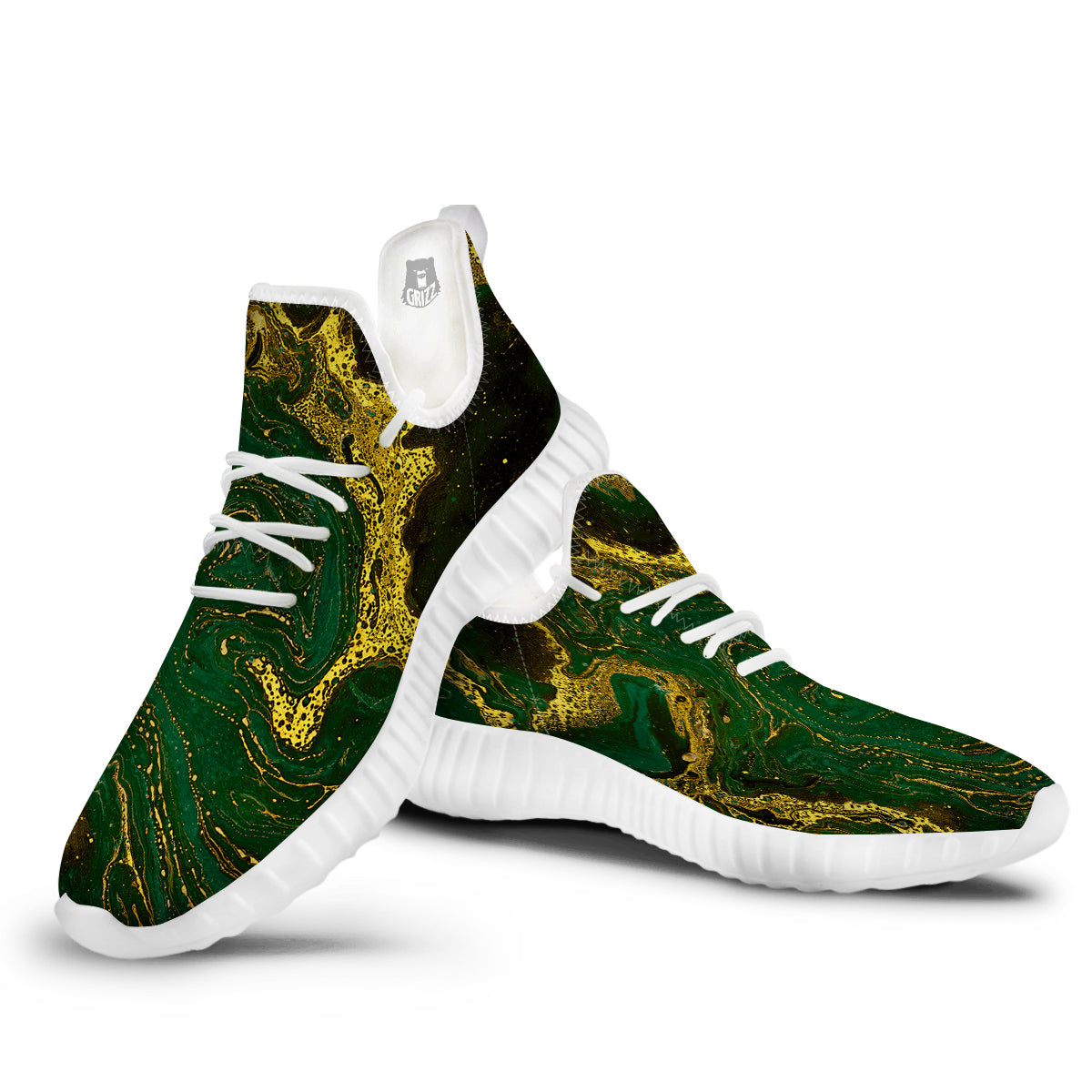 Marble Abstract texture Gold And Dark Green Print White Walking Shoes-grizzshop