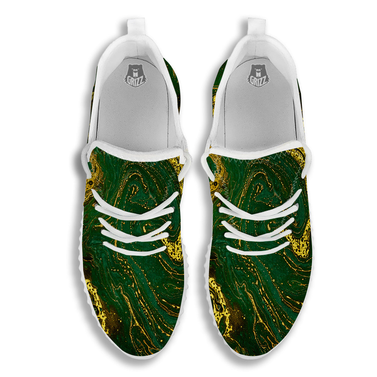 Marble Abstract texture Gold And Dark Green Print White Walking Shoes-grizzshop