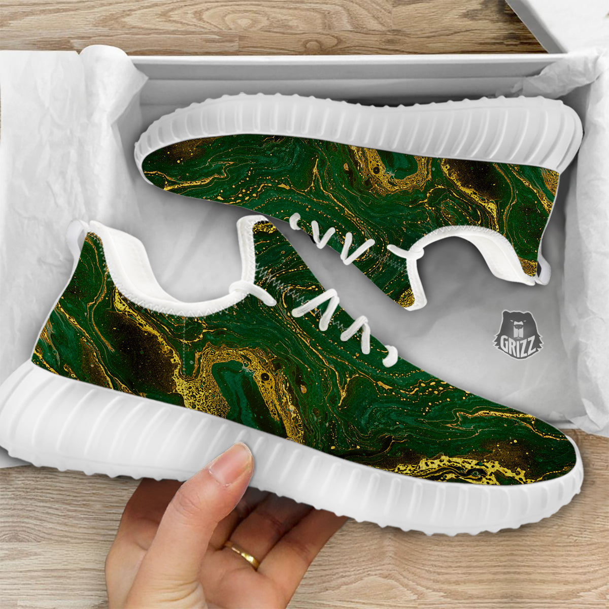 Marble Abstract texture Gold And Dark Green Print White Walking Shoes-grizzshop