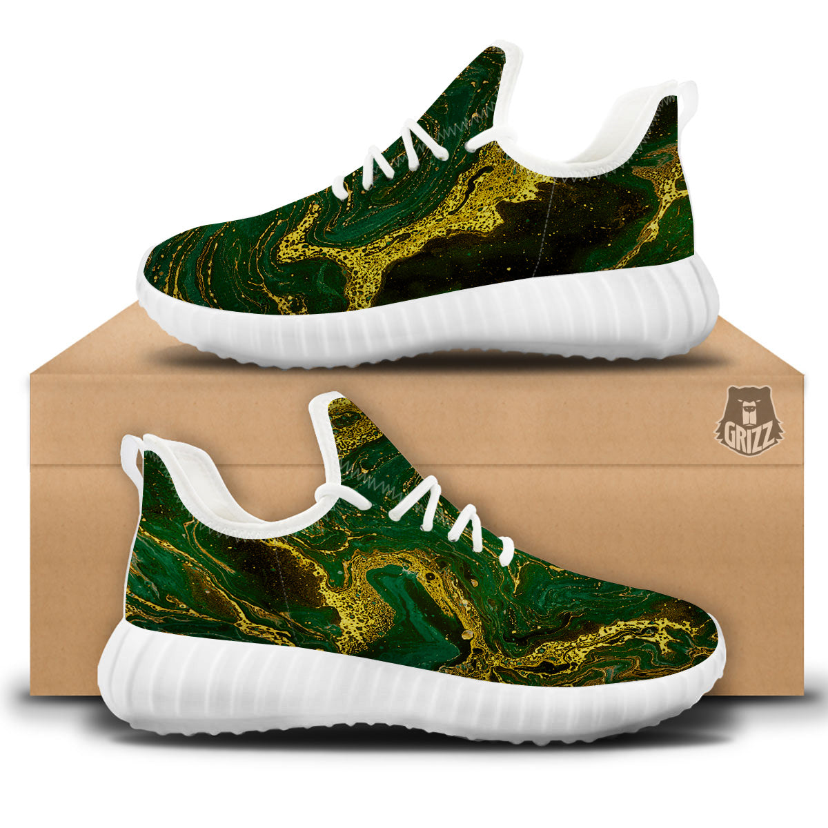 Marble Abstract texture Gold And Dark Green Print White Walking Shoes-grizzshop