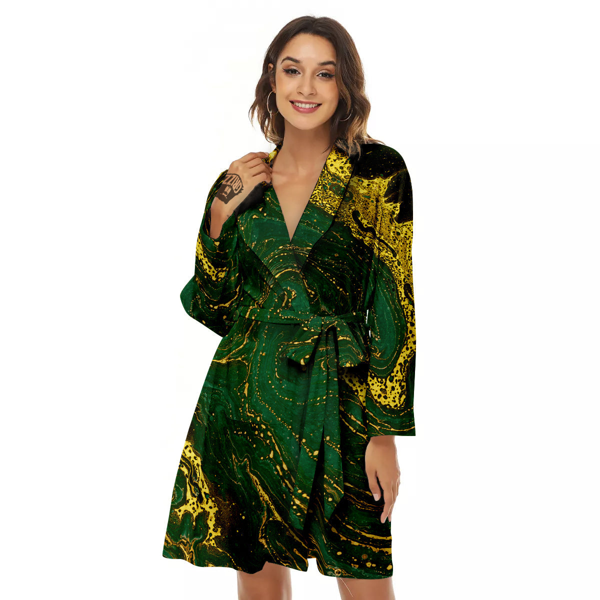 Marble Abstract texture Gold And Dark Green Print Women's Robe-grizzshop