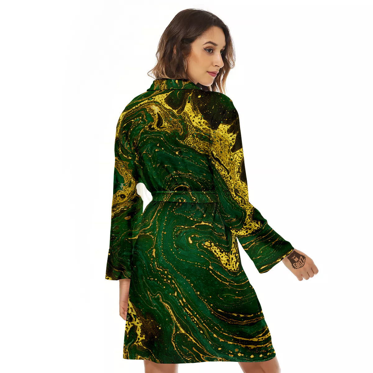 Marble Abstract texture Gold And Dark Green Print Women's Robe-grizzshop