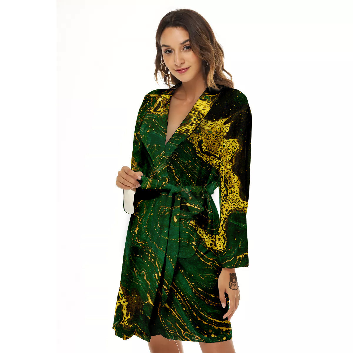 Marble Abstract texture Gold And Dark Green Print Women's Robe-grizzshop