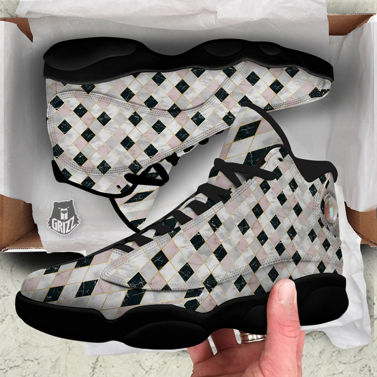 Marble Argyle White Pink And Black Print Black Basketball Shoes-grizzshop