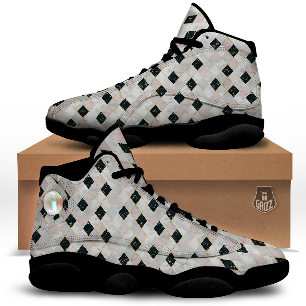 Marble Argyle White Pink And Black Print Black Basketball Shoes-grizzshop