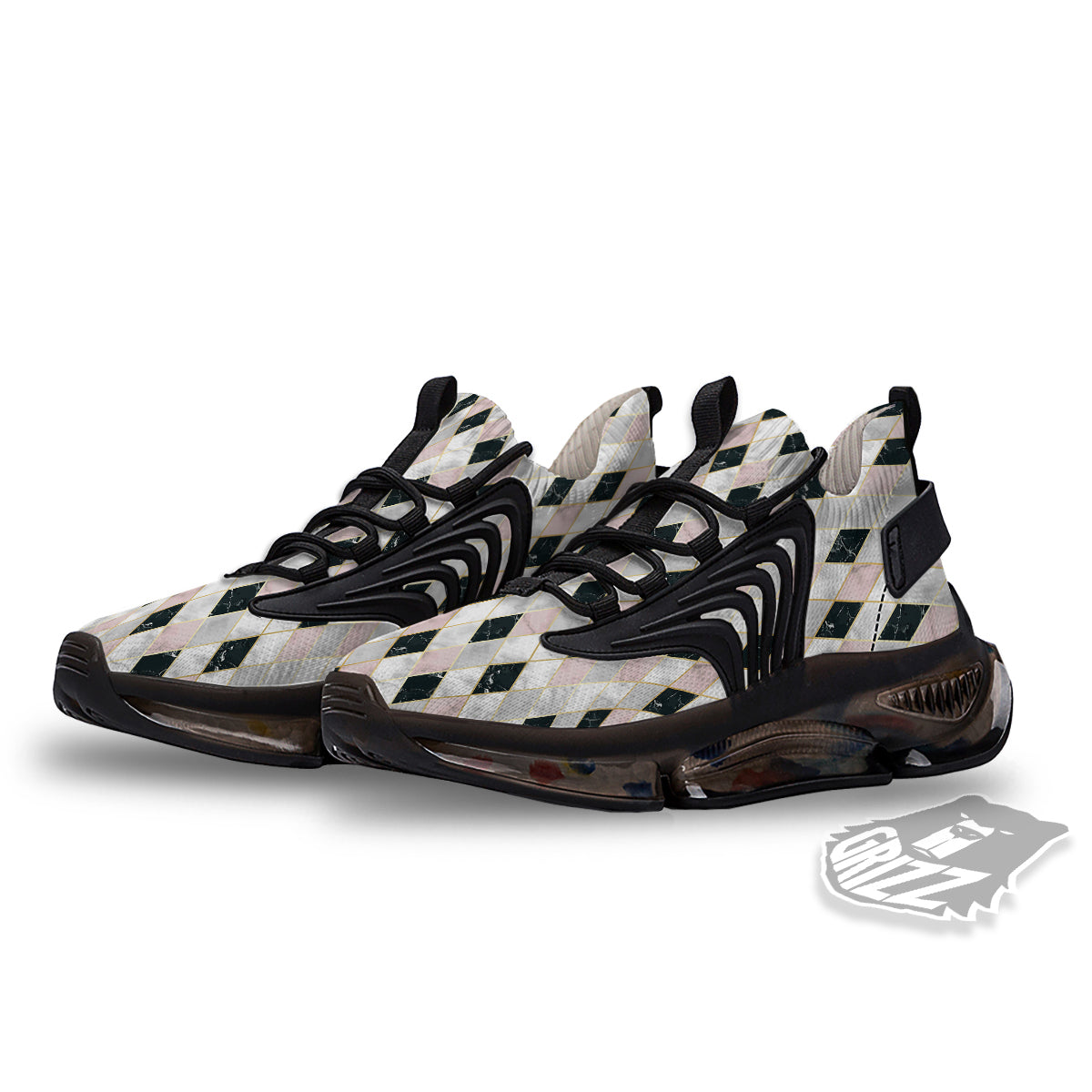 Marble Argyle White Pink And Black Print Black Gym Shoes-grizzshop