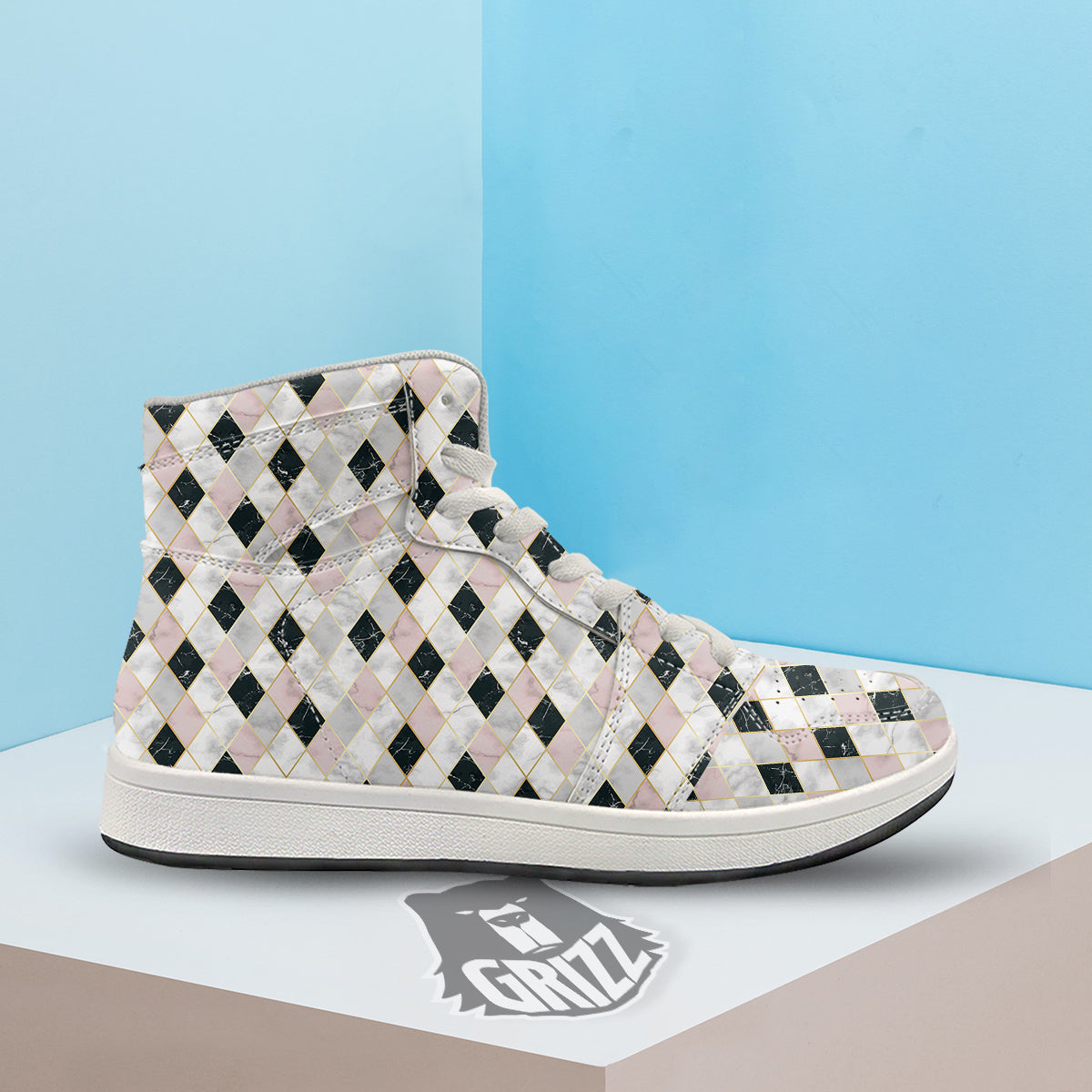 Marble Argyle White Pink And Black Print High Top Sneakers-grizzshop
