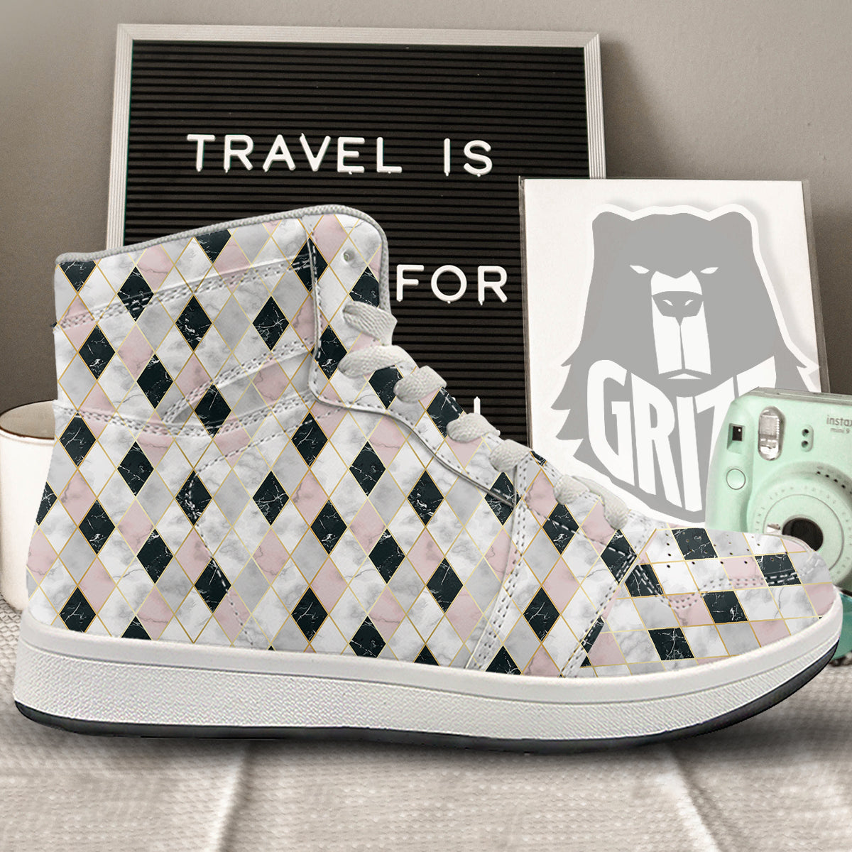 Marble Argyle White Pink And Black Print High Top Sneakers-grizzshop