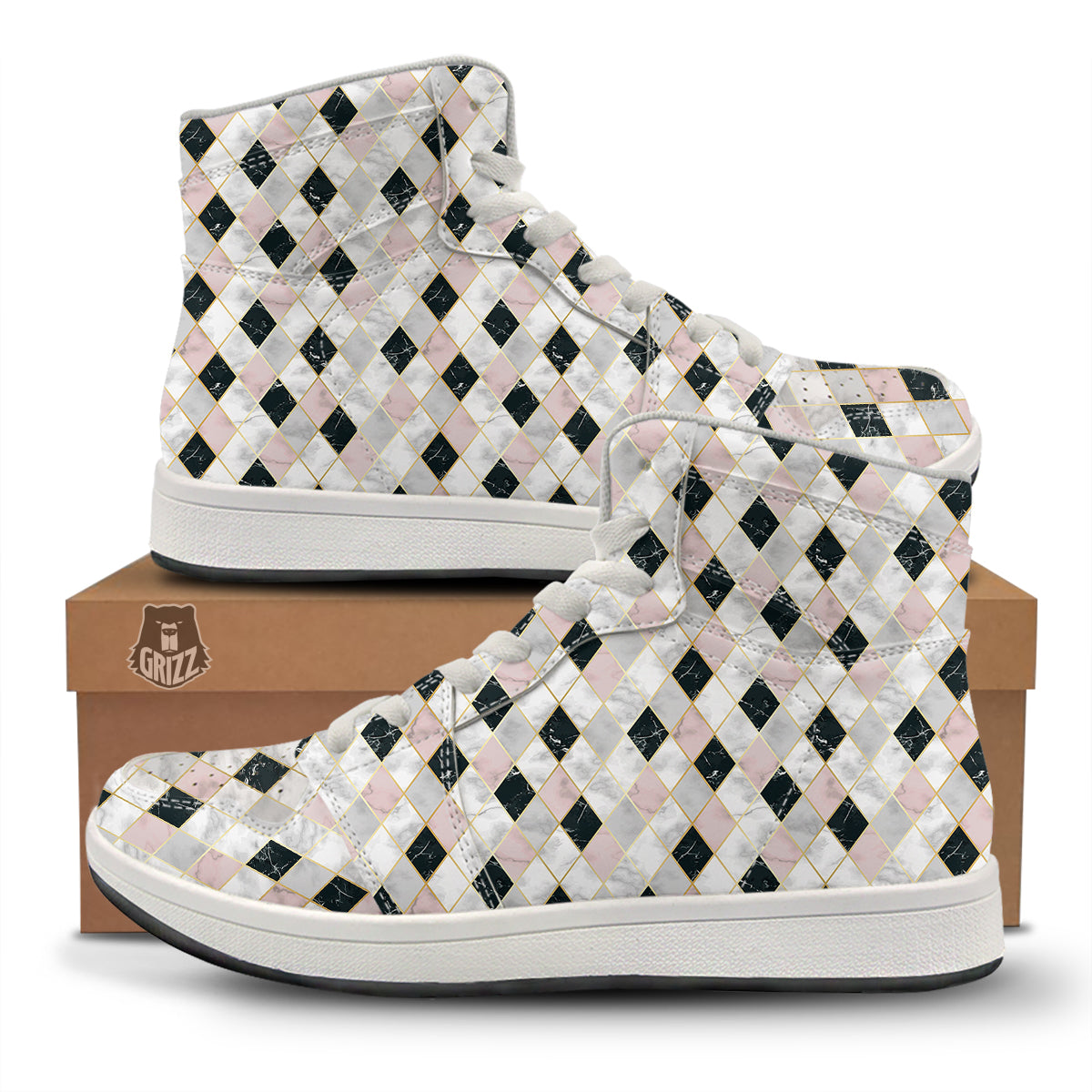 Marble Argyle White Pink And Black Print High Top Sneakers-grizzshop