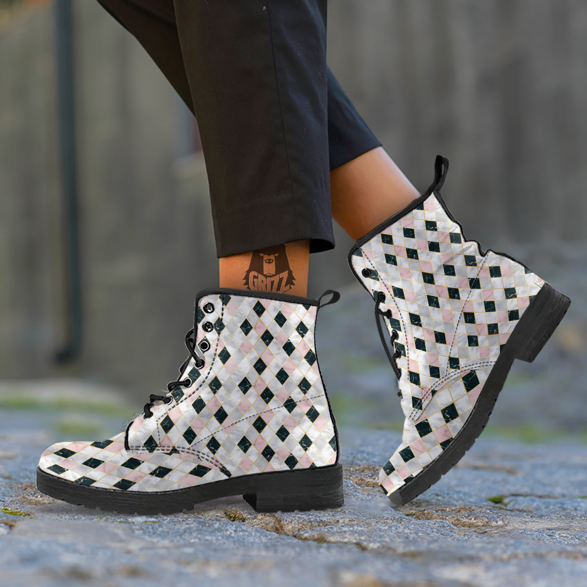 Marble Argyle White Pink And Black Print Leather Boots-grizzshop